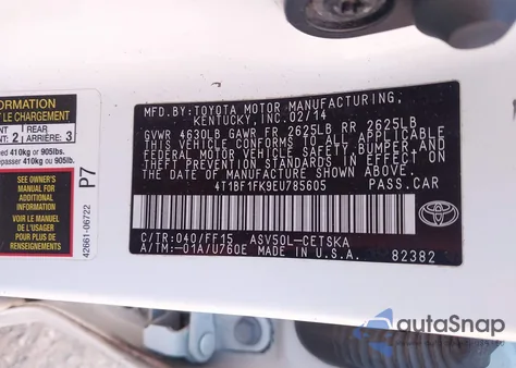 2014 Toyota Camry Se from USA, damaged, VIN 4T1BF1FK9EU785605